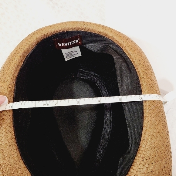 Westend Fedora Woven Paper Braid Mesh Tan Hat Size Small/Med Black Band Feather - Picture 8 of 9